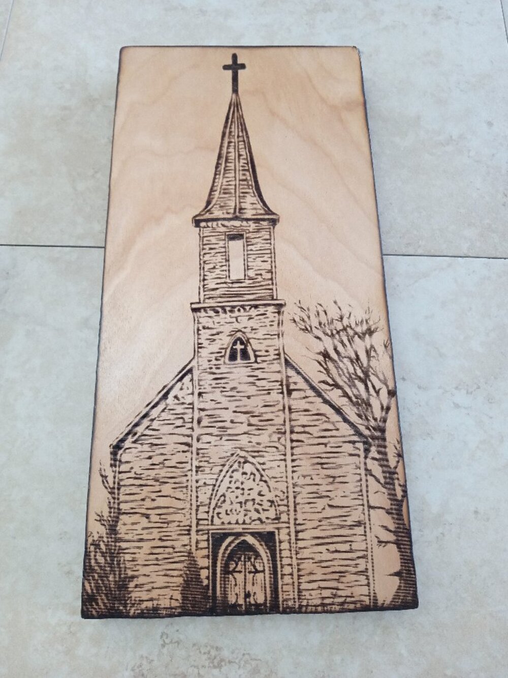 6"x15" Laser Engraved Wood Art Church with Steeple & Cross-RD086
